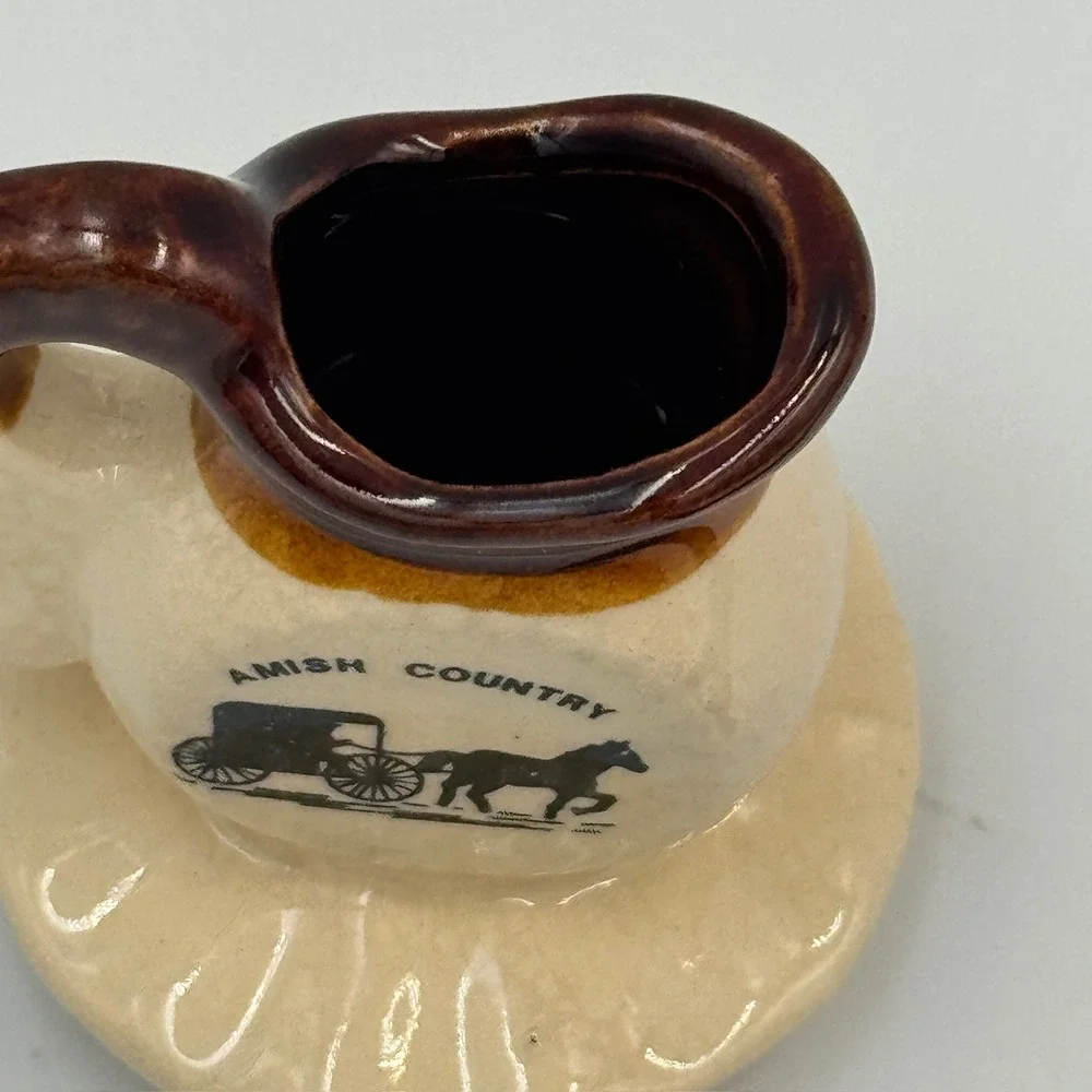 Vintage Amish Country Miniature Ceramic Pitcher Horse Buggy Souvenir Cream Brown